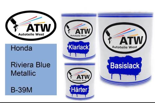 Honda, Riviera Blue Metallic, B-39M: 1L Lackdose + 1L Klarlack + 500ml Härter - Set, von ATW Autoteile West.